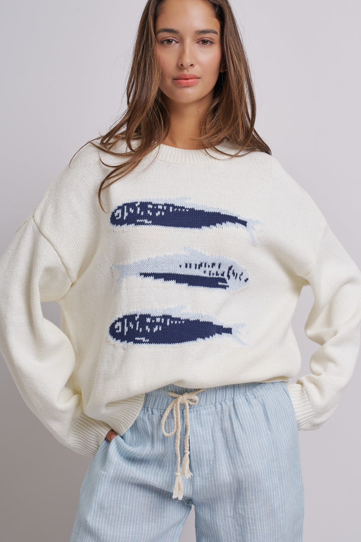 Graphic Oversized Drop-Shoulder Knit Sweater in IVORY - Women's Wholesale Sweaters | Trend Notes