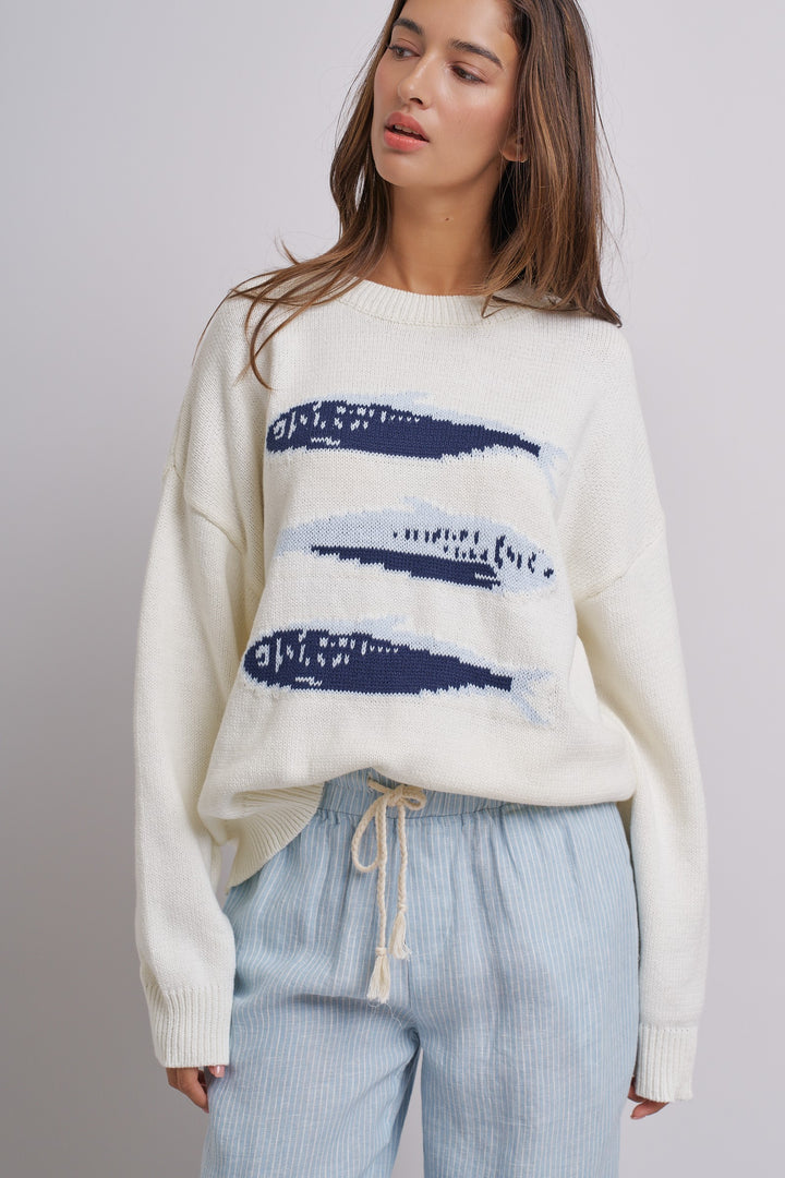 Graphic Oversized Drop-Shoulder Knit Sweater in IVORY - Women's Wholesale Sweaters | Trend Notes