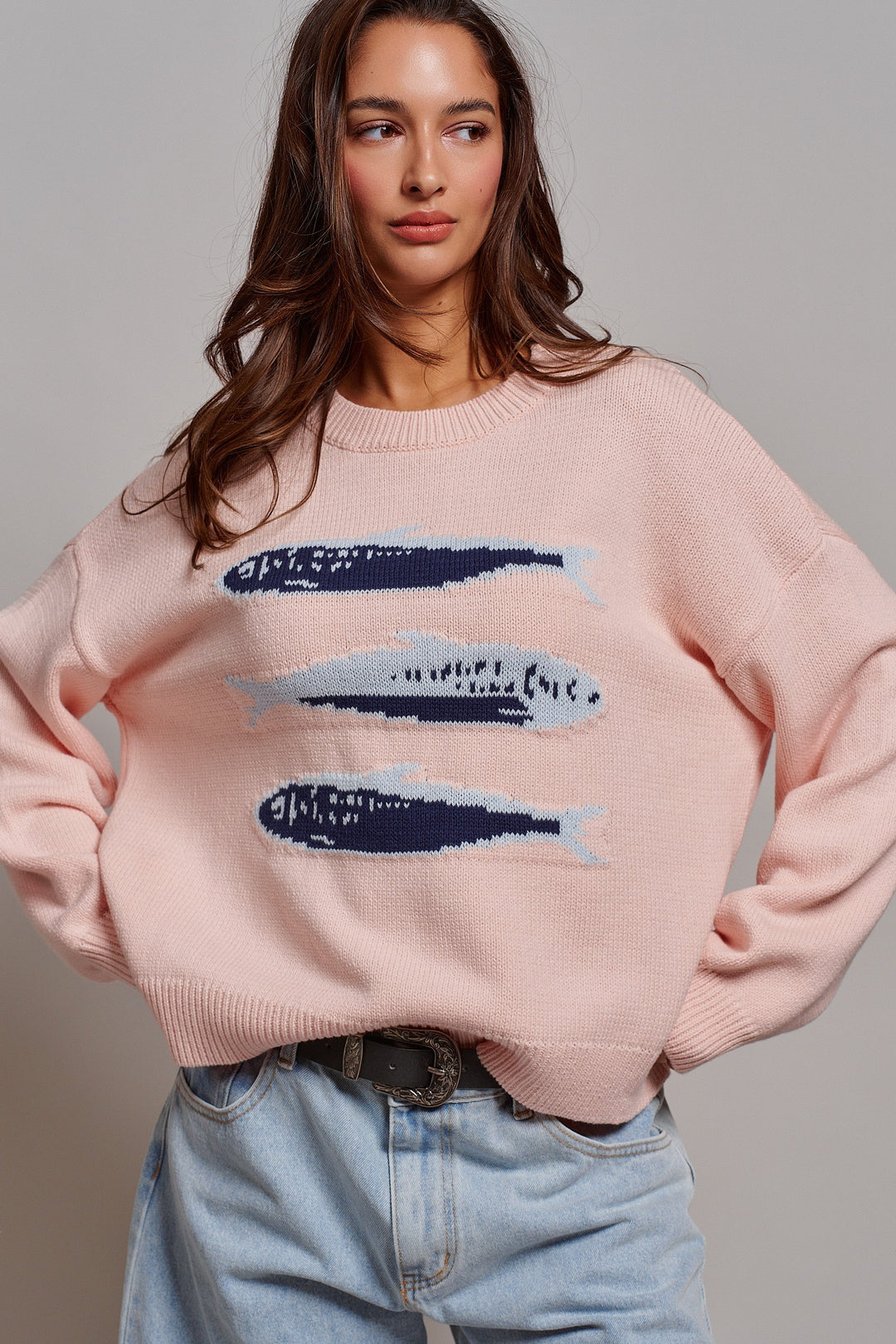 Graphic Oversized Drop-Shoulder Knit Sweater in PINK - Women's Wholesale Sweaters | Trend Notes