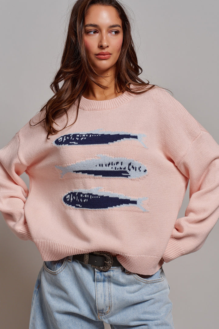 Graphic Oversized Drop-Shoulder Knit Sweater in PINK - Women's Wholesale Sweaters | Trend Notes
