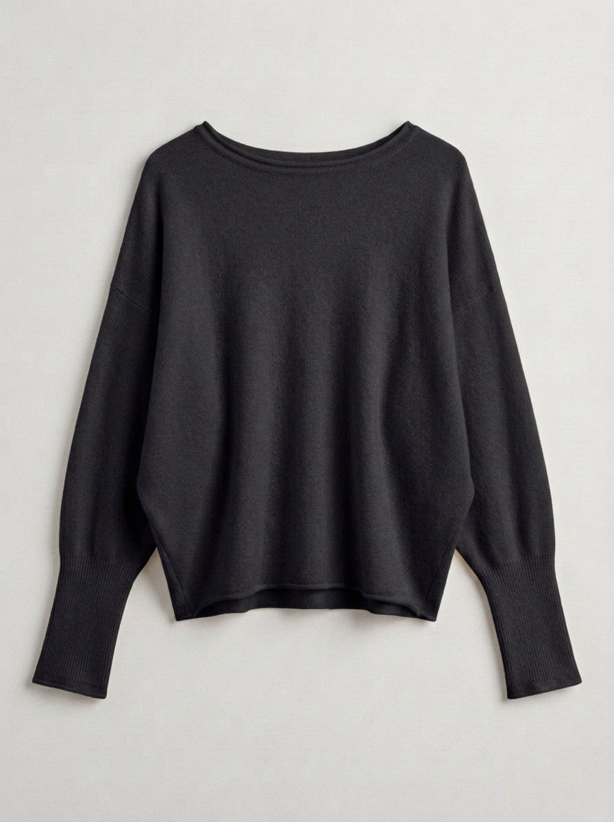 Dolman Sleeve Knit Top Boat Neck Boho Slouchy Sweater in BLACK - Women's Wholesale Sweaters | Trend Notes