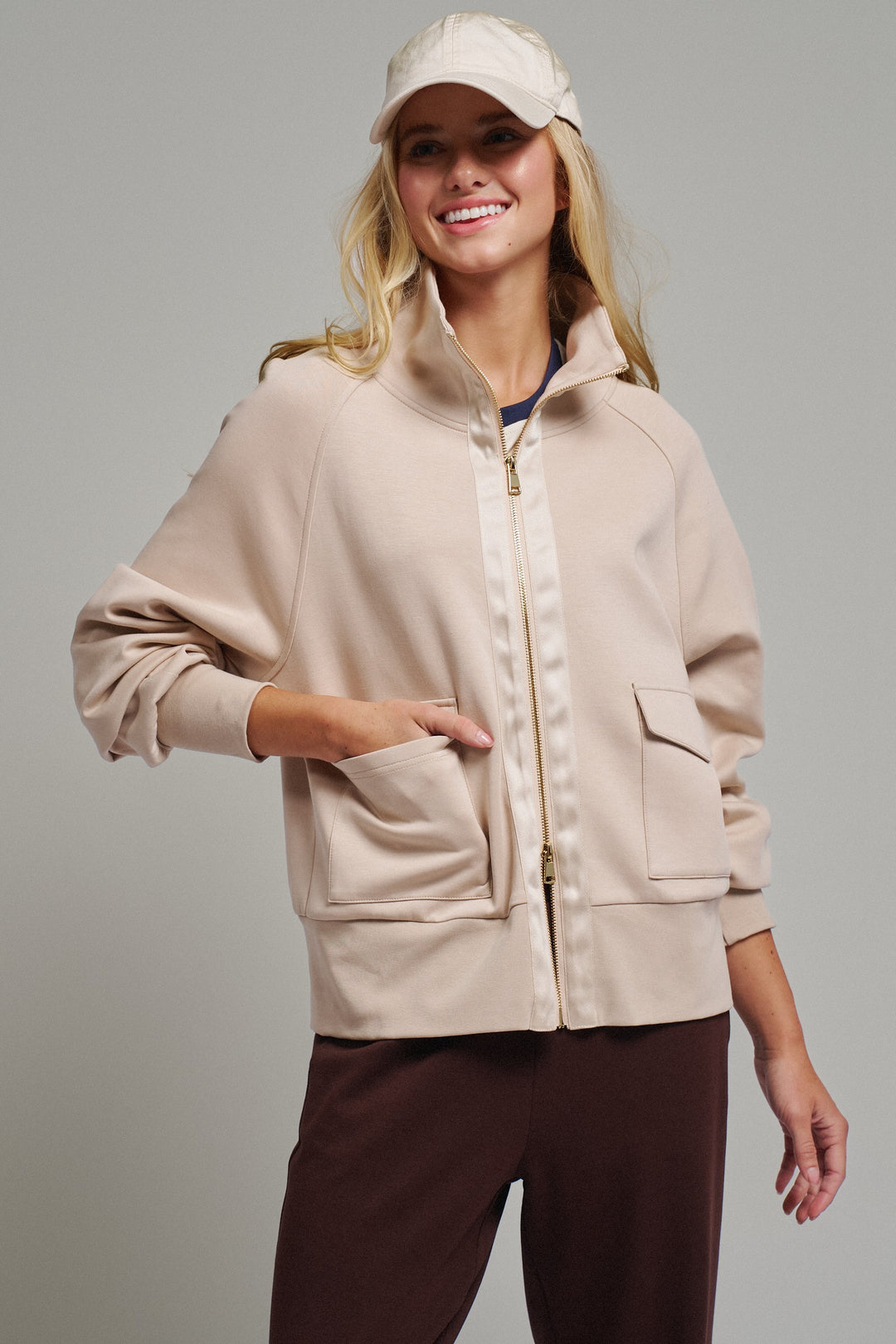 Scuba Zip Up Track Bomber Jacket Pilates Athflow for Women in SAND - Women's Wholesale Jackets & Blazers | Trend Notes