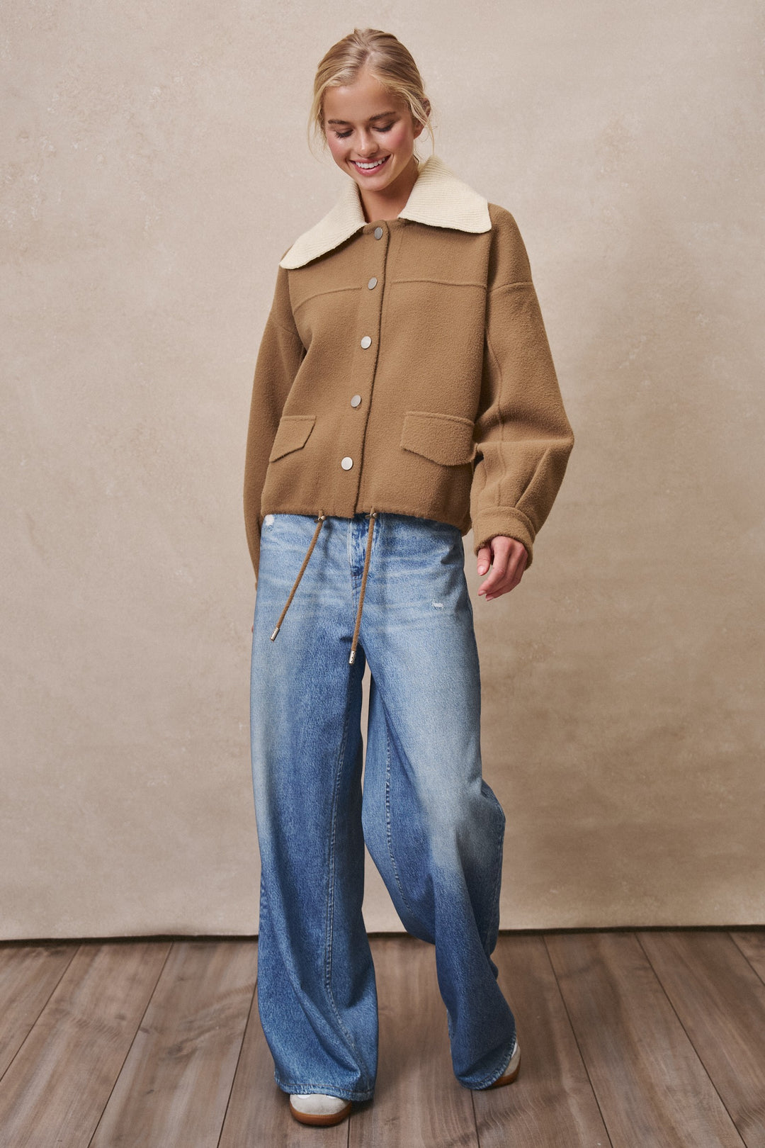 Sweater Knit Button Front Jacket with Detachable Collar in OLIVE - Women's Wholesale Jackets & Blazers | Trend Notes
