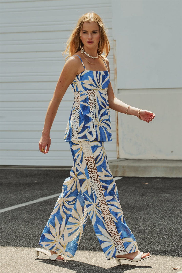 Print Capri Breeze Cami & Wide-Leg Pant Set in BLUE IVORY - Women's Wholesale Sets | Trend Notes