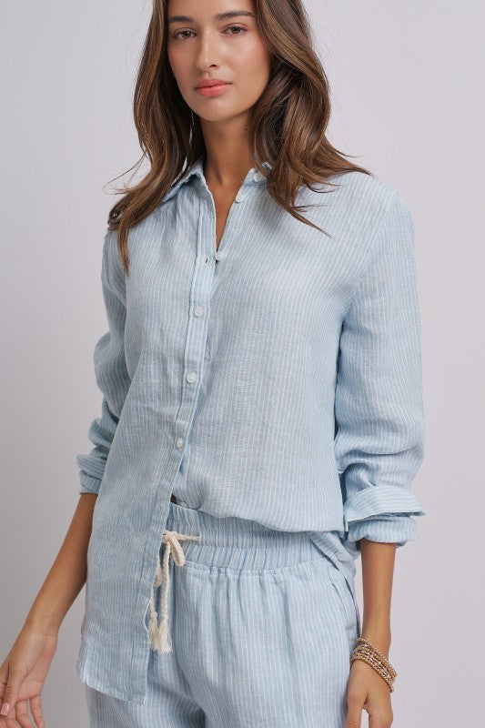 Coastal Ease Striped Linen Long Sleeve Shirt in BLUE STRIPE - Women's Wholesale Tops | Trend Notes