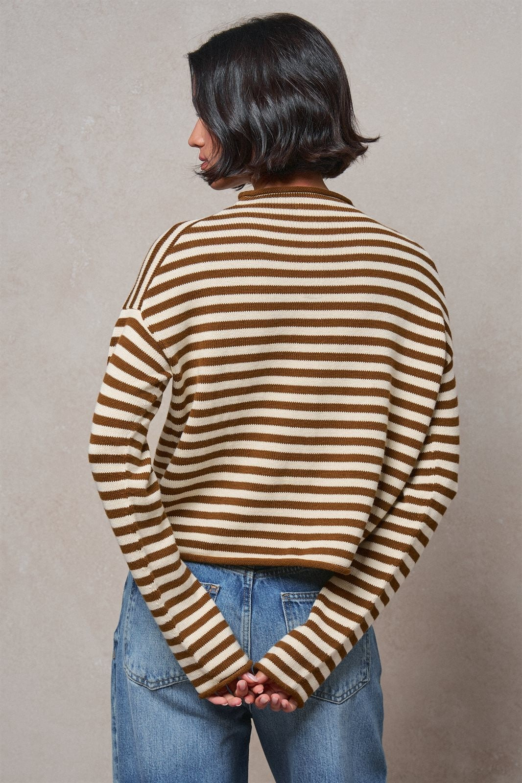 Striped Polo Collar Button Sweater with Rolled Edges in IVORY BROWN - Women's Wholesale Cardigans & Shrugs | Trend Notes