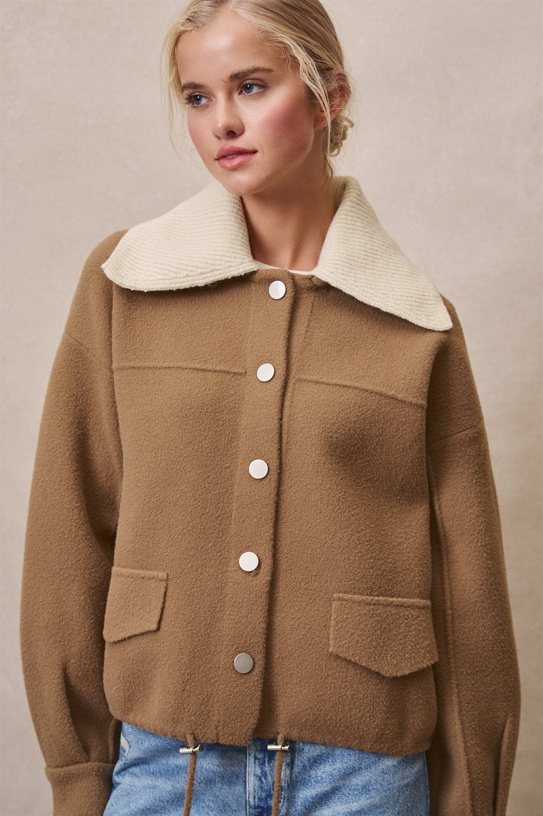 Sweater Knit Button Front Jacket with Detachable Collar in OLIVE - Women's Wholesale Jackets & Blazers | Trend Notes