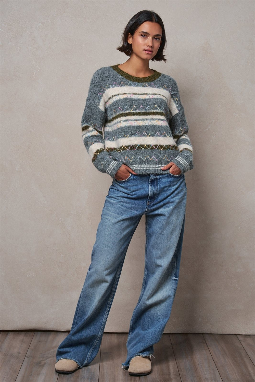 Multicolor Stripe Fair Isle Fuzzy Knit Sweater in GREY - Women's Wholesale Sweaters | Trend Notes
