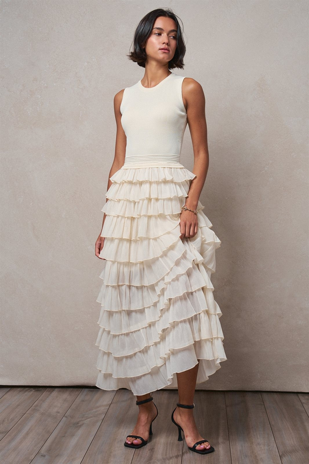 Tiered Ruffle Maxi Dress with Contrast Trim in IVORY - Women's Wholesale Cocktail Dresses | Trend Notes