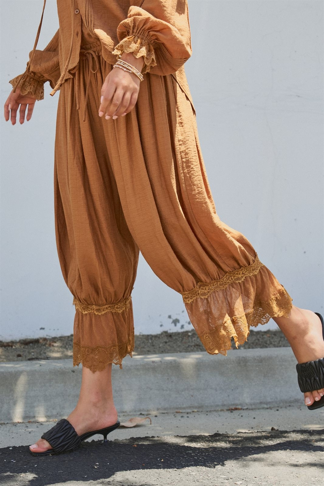 Boho Lace Trim Boomer Pants in BROWN - Women's Wholesale Casual Pants | Trend Notes
