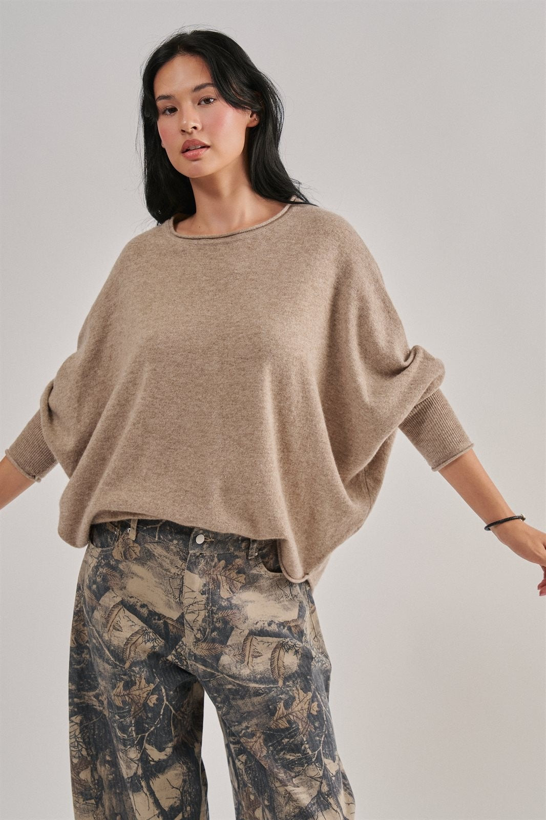 Dolman Sleeve Knit Top Boat Neck Boho Slouchy Sweater in MOCHA - Women's Wholesale Sweaters | Trend Notes