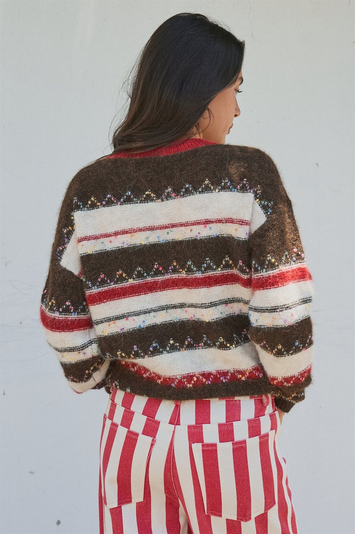 Multicolor Stripe Fair Isle Fuzzy Knit Sweater in BROWN - Women's Wholesale Sweaters | Trend Notes