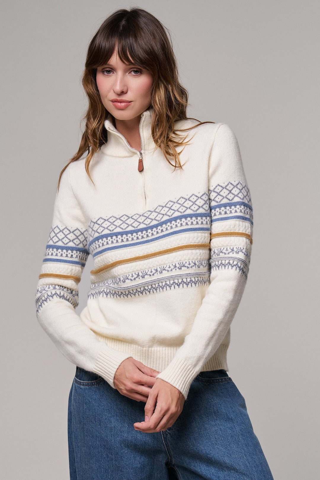 Fair Isle Quarter Zip Sweater Wool Blend with Leather Pull T in IVORY - Women's Wholesale Cardigans & Shrugs | Trend Notes