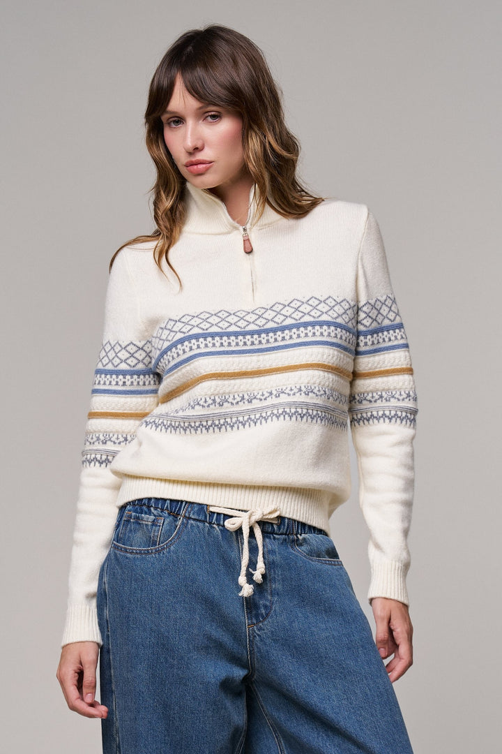 Fair Isle Quarter Zip Sweater Wool Blend with Leather Pull T in IVORY - Women's Wholesale Cardigans & Shrugs | Trend Notes