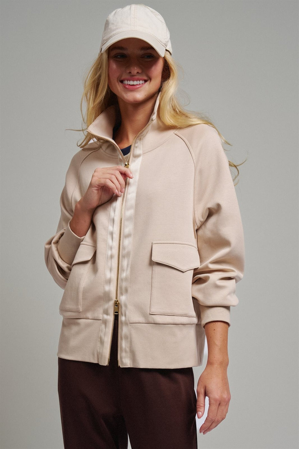 Scuba Zip Up Track Bomber Jacket Pilates Athflow for Women in SAND - Women's Wholesale Jackets & Blazers | Trend Notes