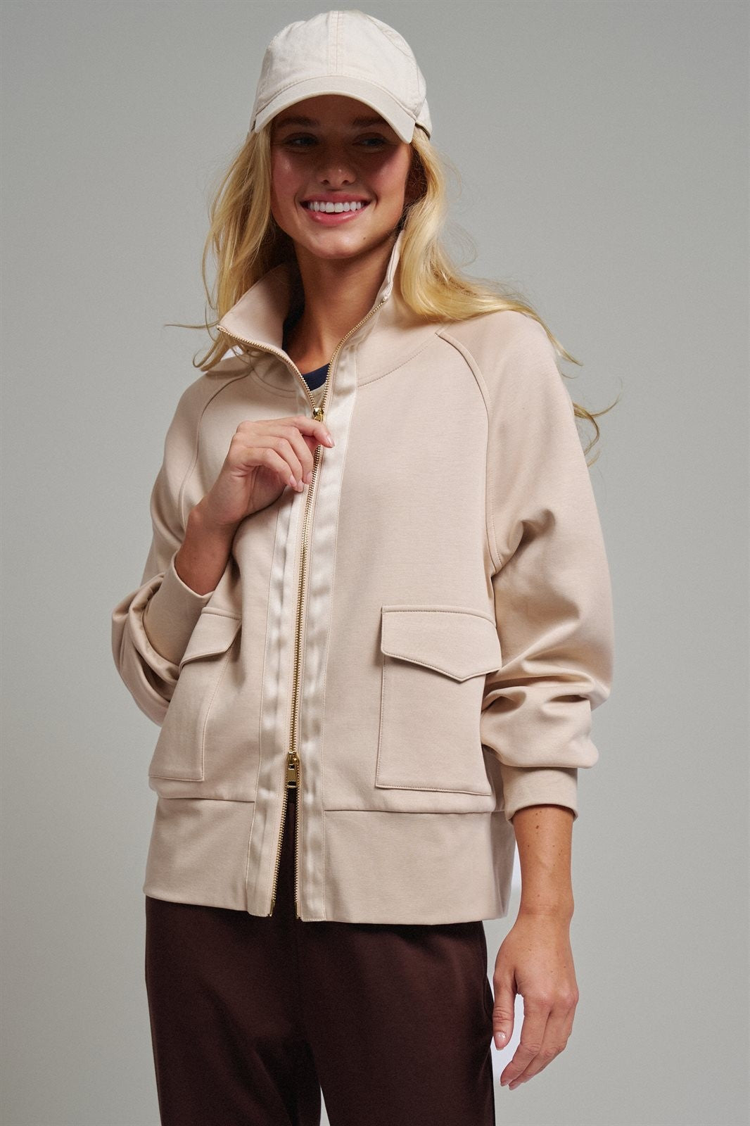 Scuba Zip Up Track Bomber Jacket Pilates Athflow for Women in SAND - Women's Wholesale Jackets & Blazers | Trend Notes