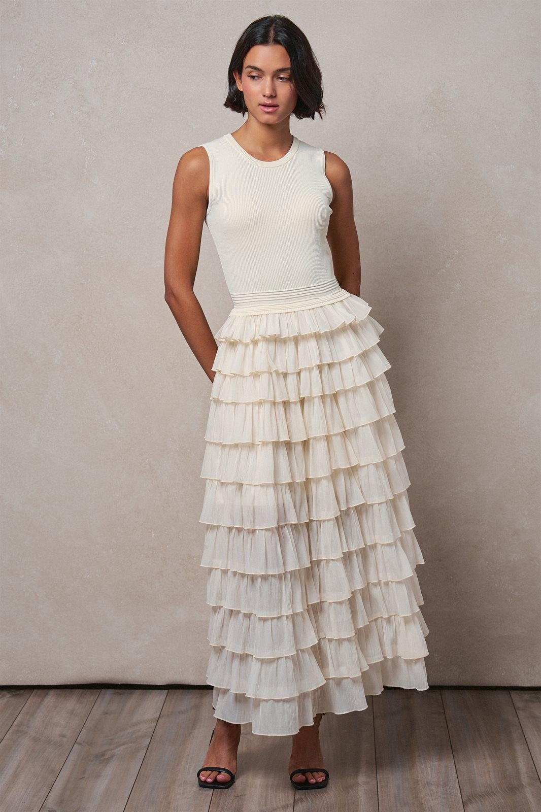 Tiered Ruffle Maxi Dress with Contrast Trim in IVORY - Women's Wholesale Cocktail Dresses | Trend Notes