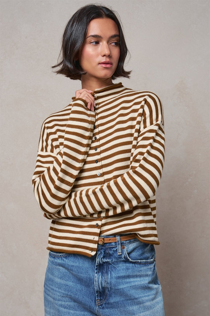 Striped Polo Collar Button Sweater with Rolled Edges in IVORY BROWN - Women's Wholesale Cardigans & Shrugs | Trend Notes
