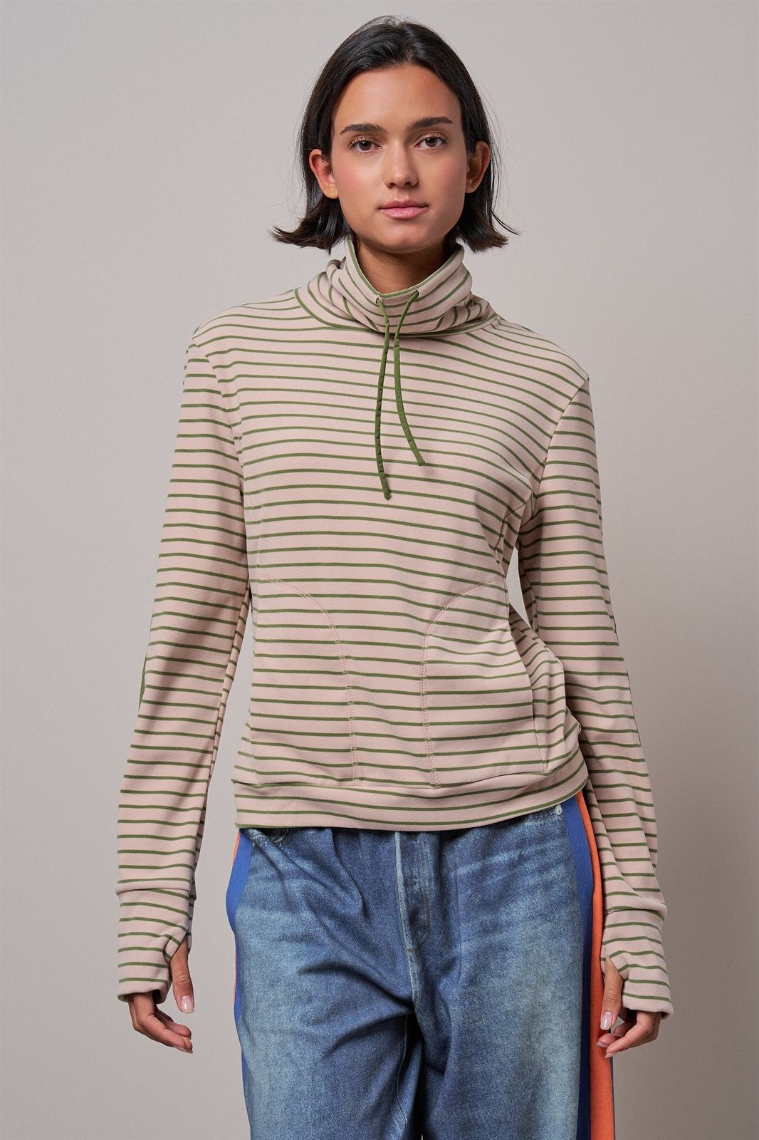 Striped Cowl Neck Drawstring Pullover Sweatshirt in PINK - Women's Wholesale Sweatshirts & Hoodies | Trend Notes