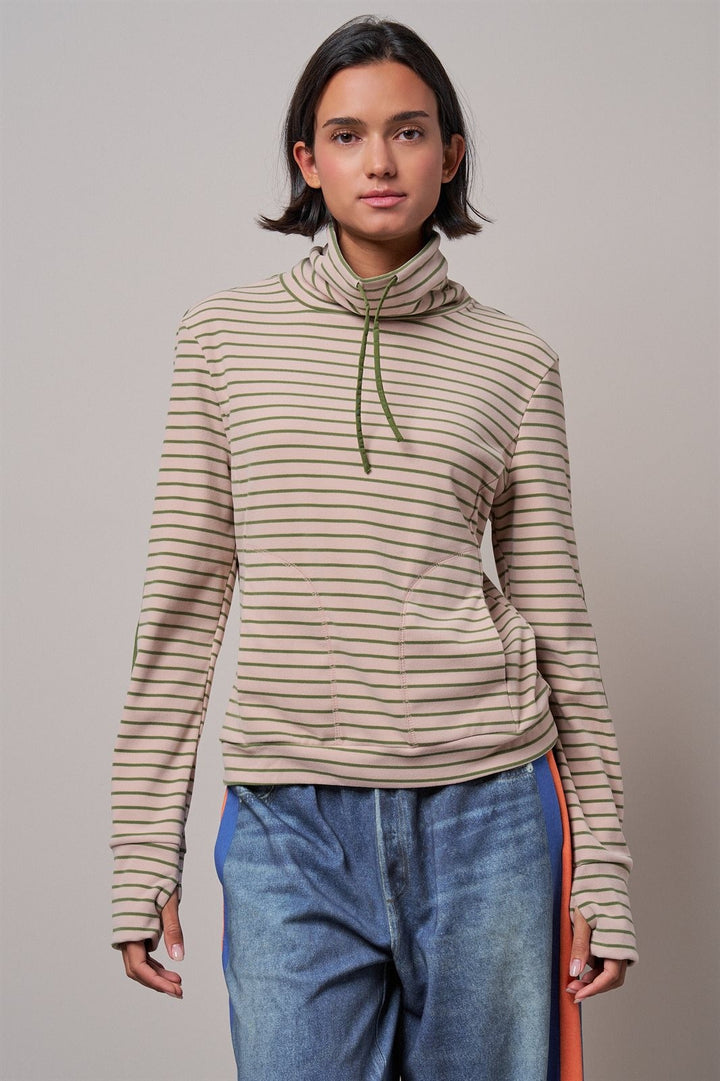 Striped Cowl Neck Drawstring Pullover Sweatshirt in PINK - Women's Wholesale Sweatshirts & Hoodies | Trend Notes
