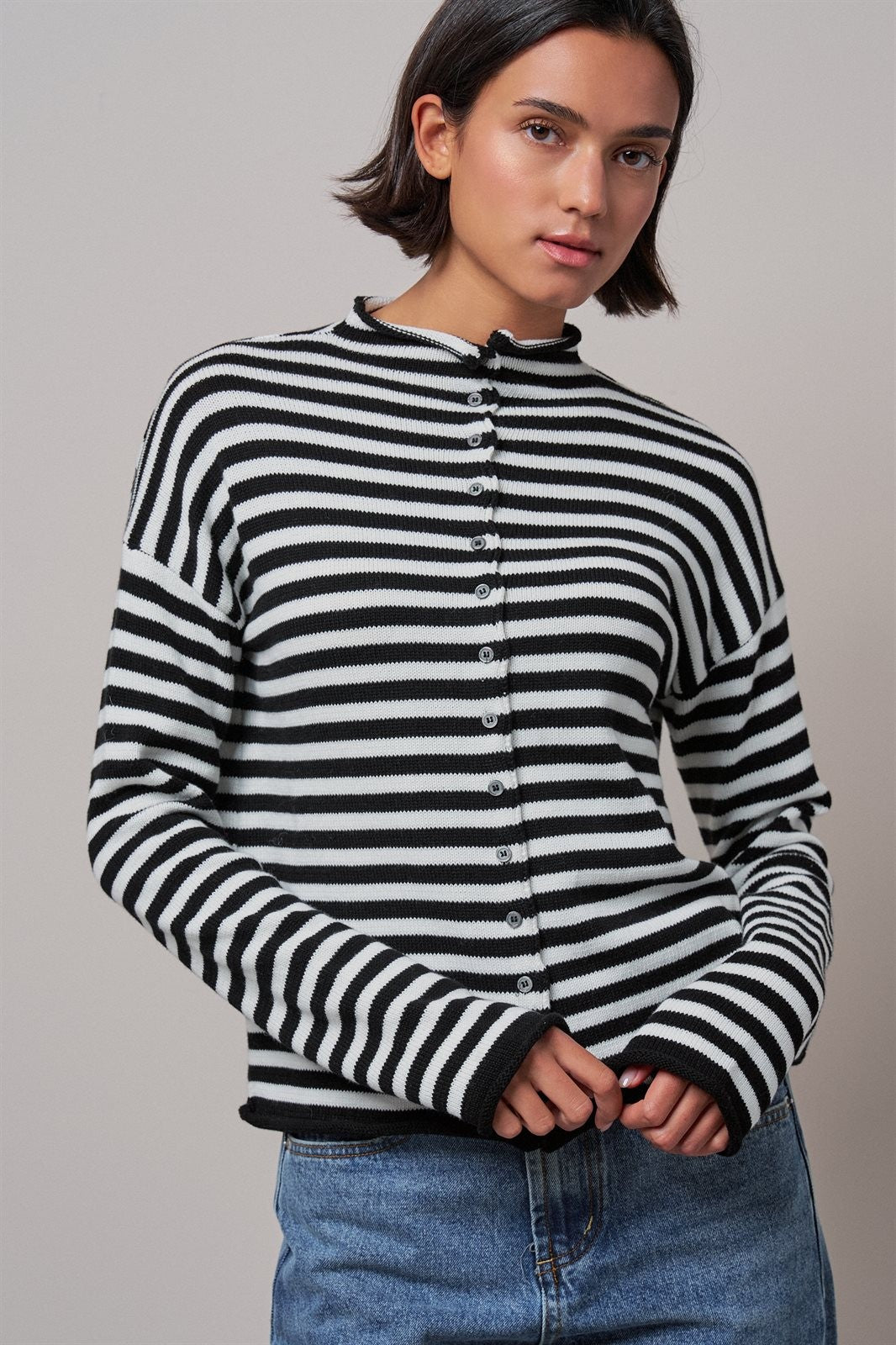 Striped Polo Collar Button Sweater with Rolled Edges in IVORY BLACK - Women's Wholesale Cardigans & Shrugs | Trend Notes