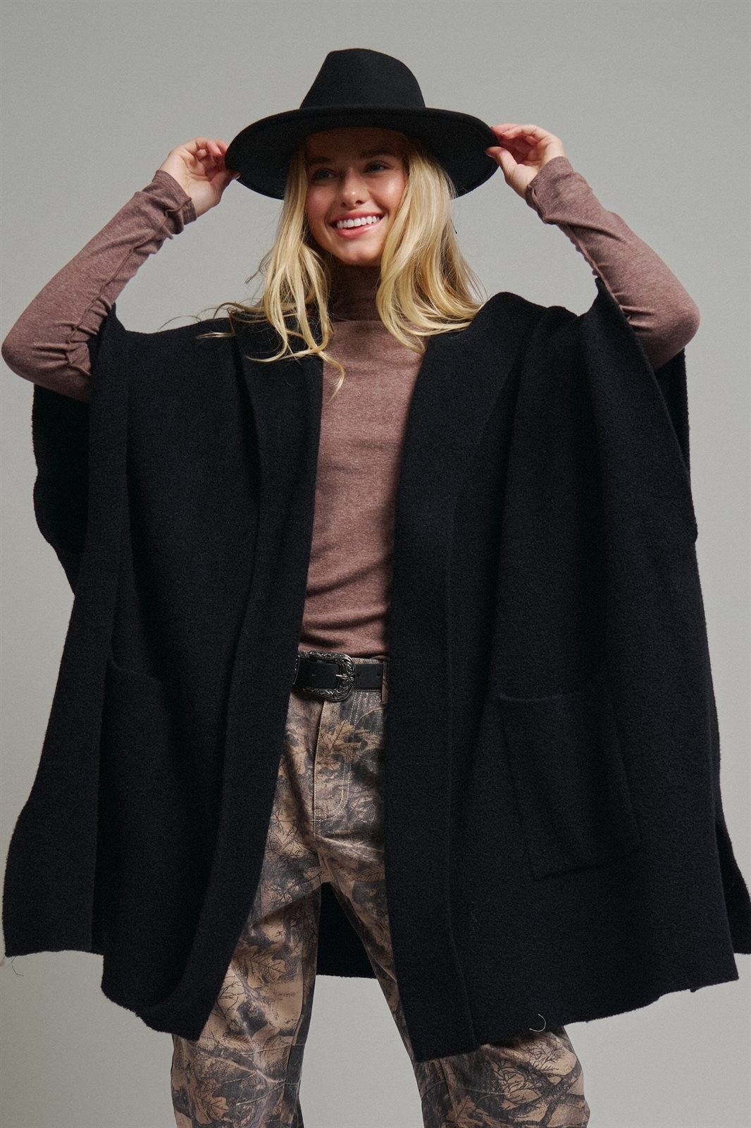 Oversized Wide Collar Open Front Poncho Cardigan in BLACK - Women's Wholesale Cardigans & Shrugs | Trend Notes