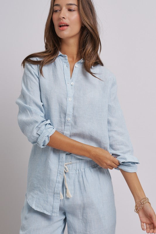 Coastal Ease Striped Linen Long Sleeve Shirt in BLUE STRIPE - Women's Wholesale Tops | Trend Notes