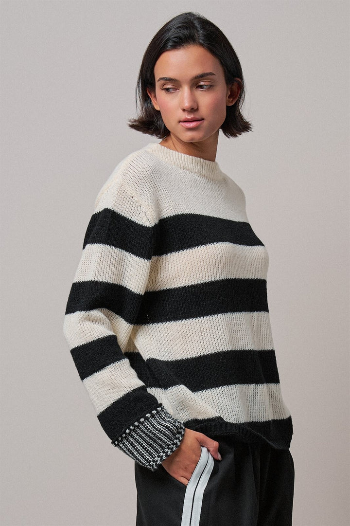 Striped Oversized Chunky Knit Sweater in BLACK - Women's Wholesale Sweaters | Trend Notes