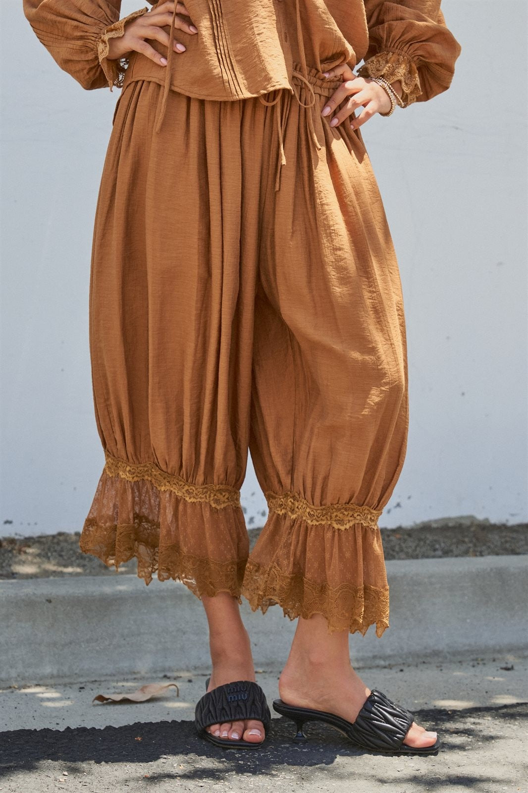 Boho Lace Trim Boomer Pants in BROWN - Women's Wholesale Casual Pants | Trend Notes