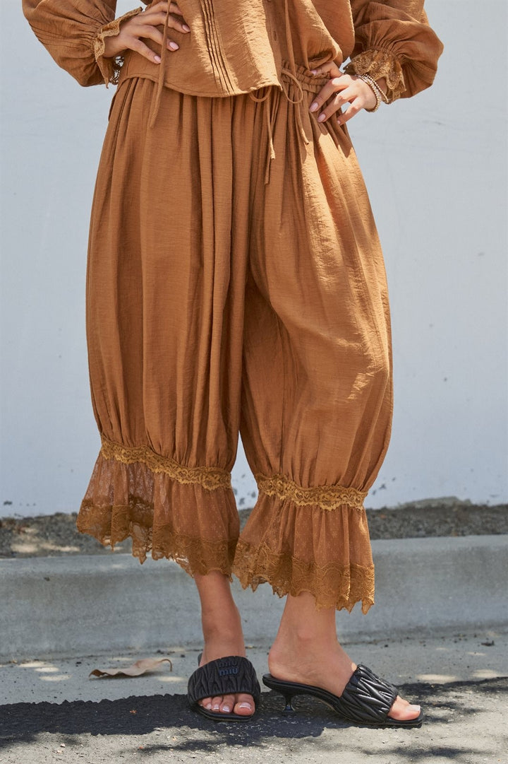 Boho Lace Trim Boomer Pants in BROWN - Women's Wholesale Casual Pants | Trend Notes
