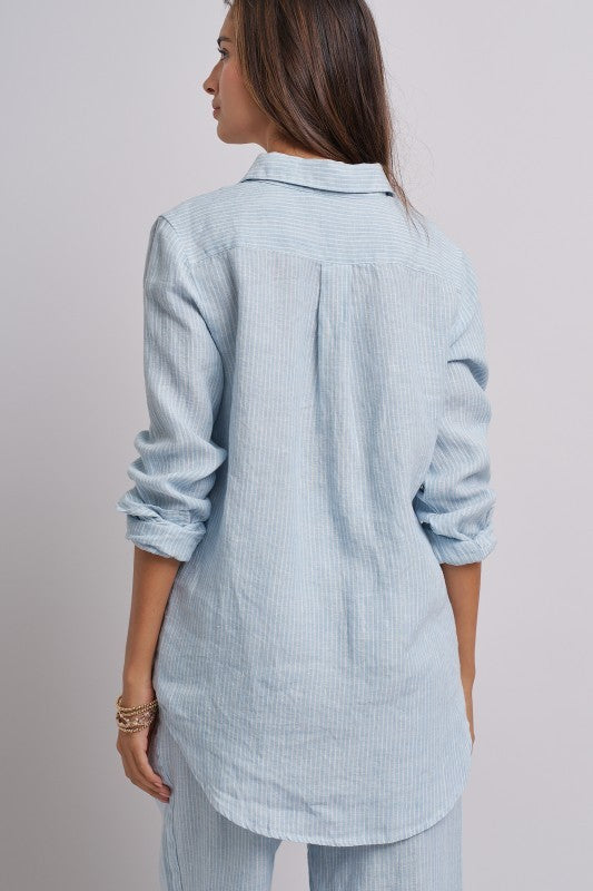 Coastal Ease Striped Linen Long Sleeve Shirt in BLUE STRIPE - Women's Wholesale Tops | Trend Notes