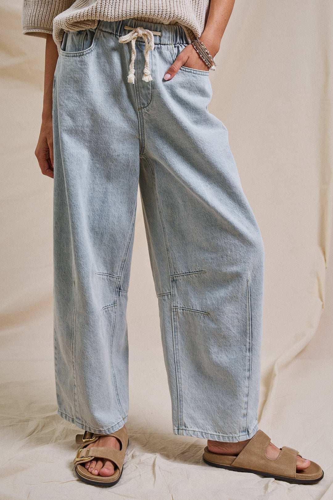 Laid-Back Light Wash Barrel Denim Pants in LT DENIM - Women's Wholesale Wide Leg Jeans | Trend Notes