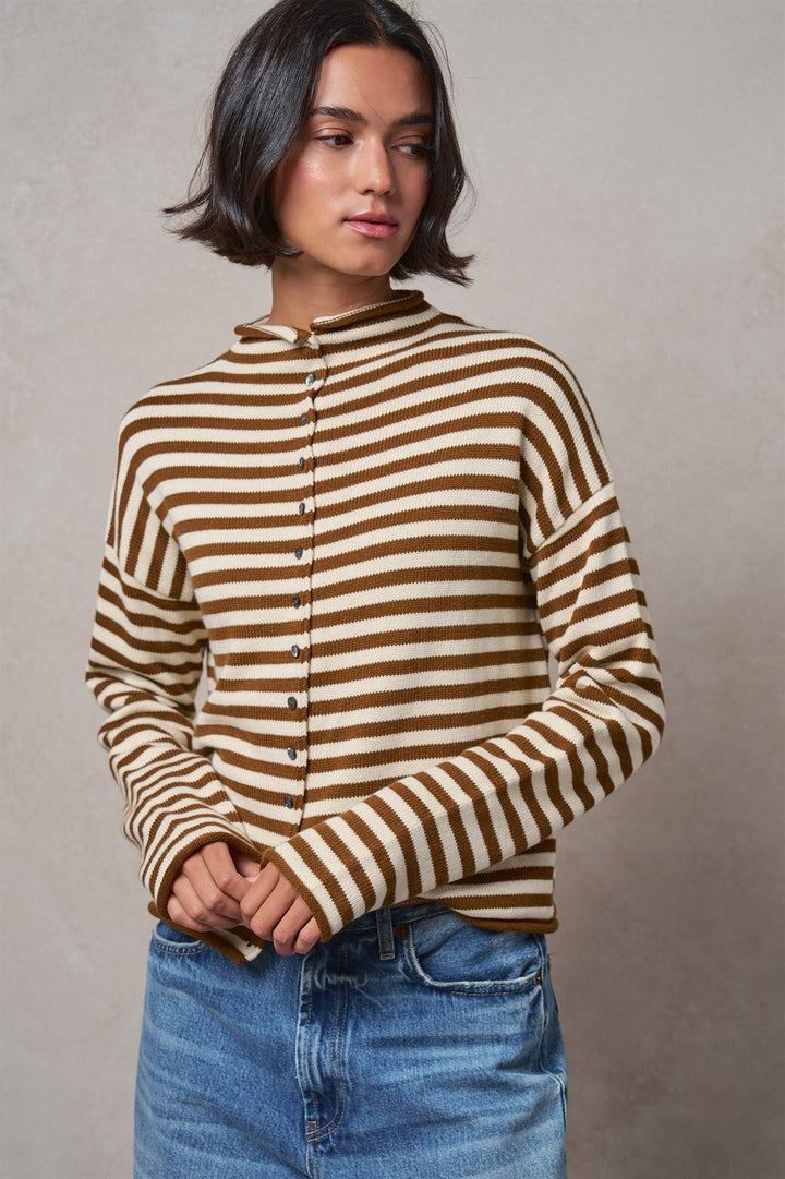 Striped Polo Collar Button Sweater with Rolled Edges in IVORY BROWN - Women's Wholesale Cardigans & Shrugs | Trend Notes
