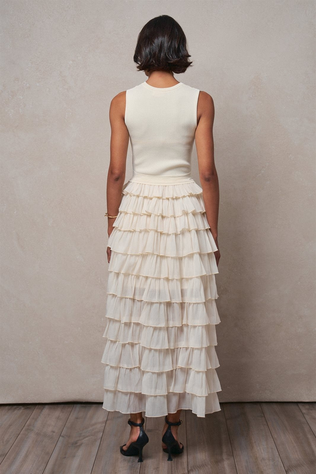 Tiered Ruffle Maxi Dress with Contrast Trim in IVORY - Women's Wholesale Cocktail Dresses | Trend Notes