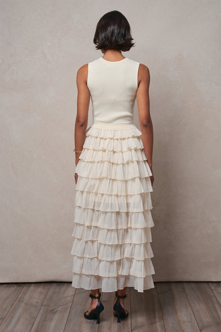 Tiered Ruffle Maxi Dress with Contrast Trim in IVORY - Women's Wholesale Cocktail Dresses | Trend Notes