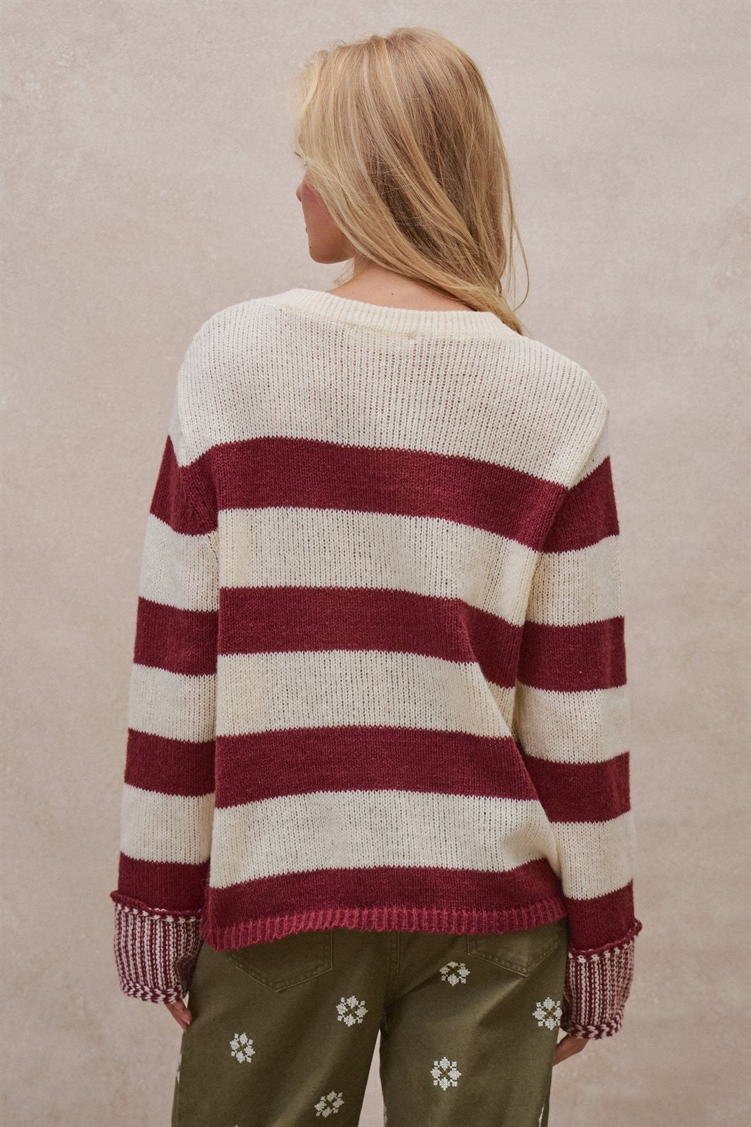 Striped Oversized Chunky Knit Sweater in BURGUNDY - Women's Wholesale Sweaters | Trend Notes
