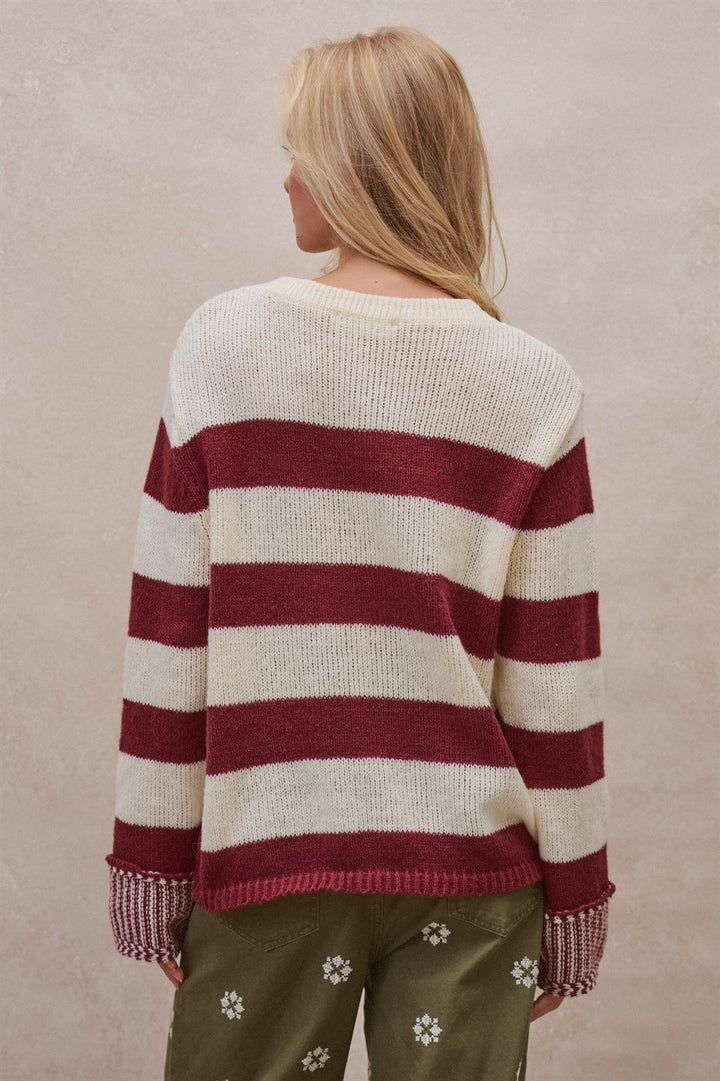 Striped Oversized Chunky Knit Sweater in BURGUNDY - Women's Wholesale Sweaters | Trend Notes