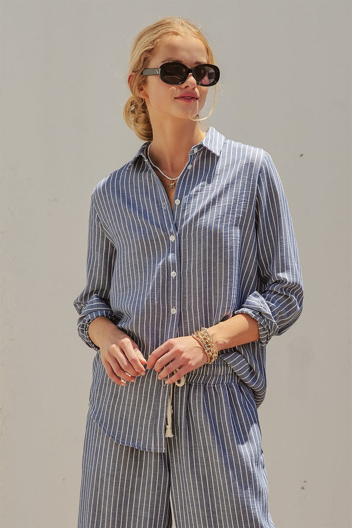 Coastal Ease Striped Linen Long Sleeve Shirt in NAVY STRIPE - Women's Wholesale Tops | Trend Notes