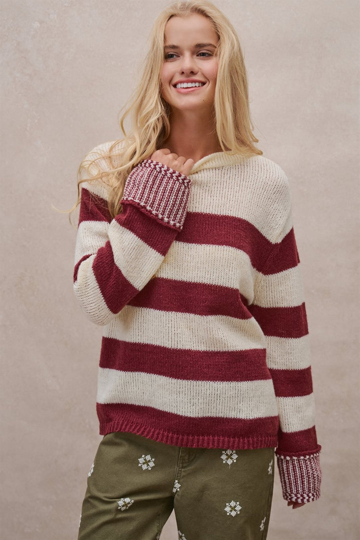 Striped Oversized Chunky Knit Sweater in BURGUNDY - Women's Wholesale Sweaters | Trend Notes