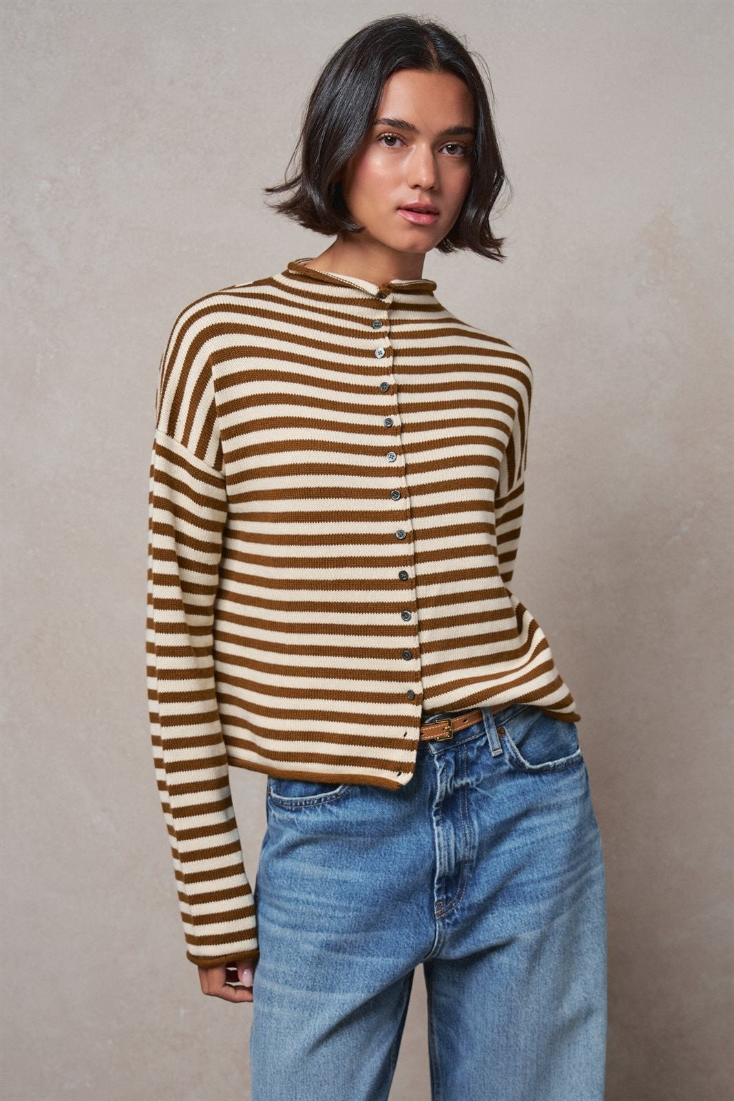 Striped Polo Collar Button Sweater with Rolled Edges in IVORY BROWN - Women's Wholesale Cardigans & Shrugs | Trend Notes