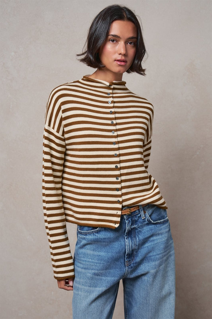 Striped Polo Collar Button Sweater with Rolled Edges in IVORY BROWN - Women's Wholesale Cardigans & Shrugs | Trend Notes