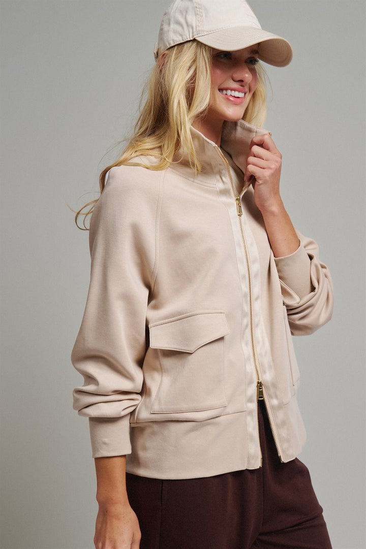Scuba Zip Up Track Bomber Jacket Pilates Athflow for Women in SAND - Women's Wholesale Jackets & Blazers | Trend Notes