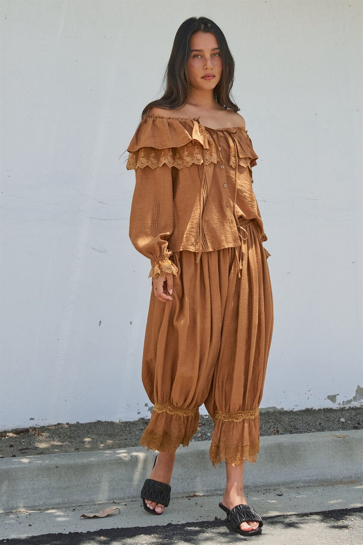 Boho Lace Trim Boomer Pants in BROWN - Women's Wholesale Casual Pants | Trend Notes