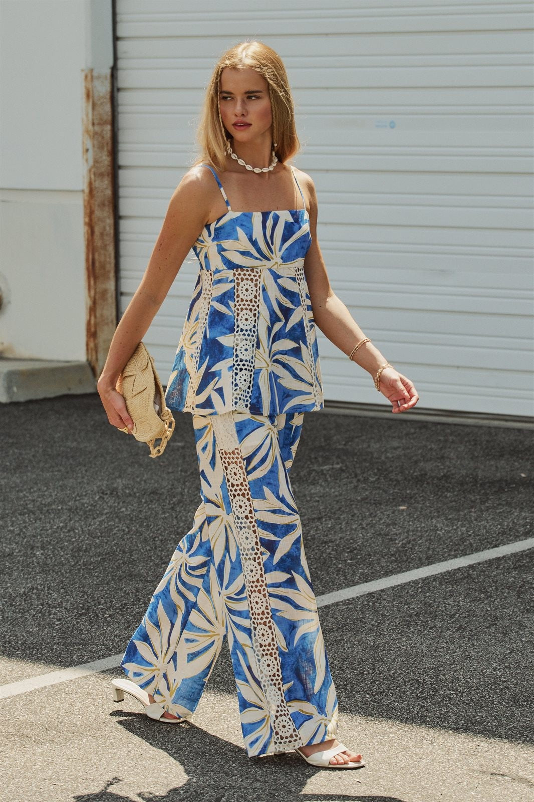 Print Capri Breeze Cami & Wide-Leg Pant Set in BLUE IVORY - Women's Wholesale Sets | Trend Notes