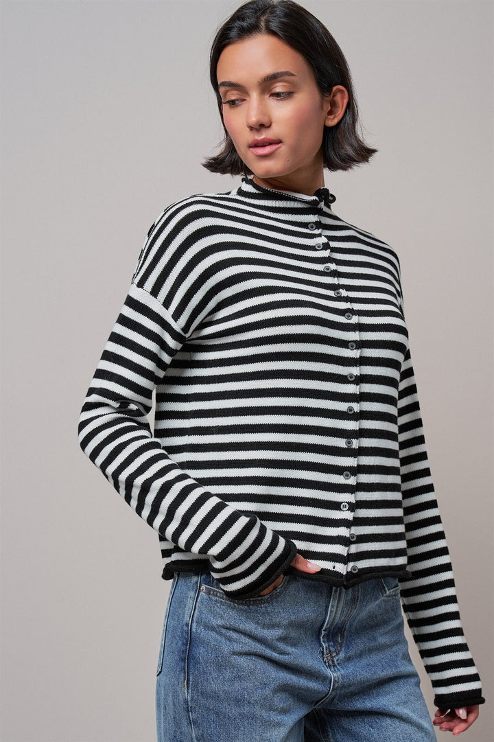 Striped Polo Collar Button Sweater with Rolled Edges in IVORY BLACK - Women's Wholesale Cardigans & Shrugs | Trend Notes