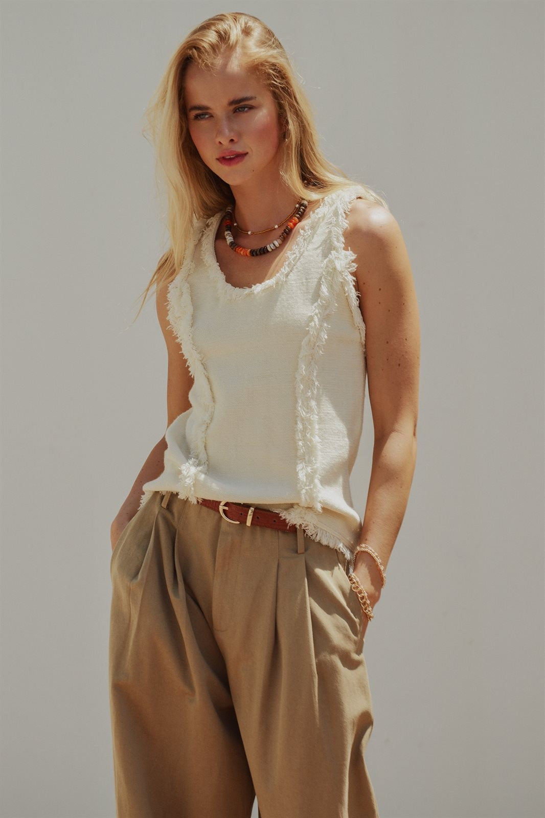 Boho Frayed Edge Textured Tank in IVORY - Women's Wholesale Tops | Trend Notes