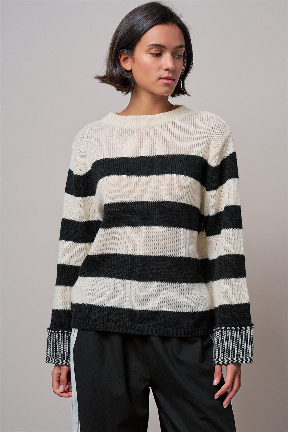 Striped Oversized Chunky Knit Sweater in BLACK - Women's Wholesale Sweaters | Trend Notes