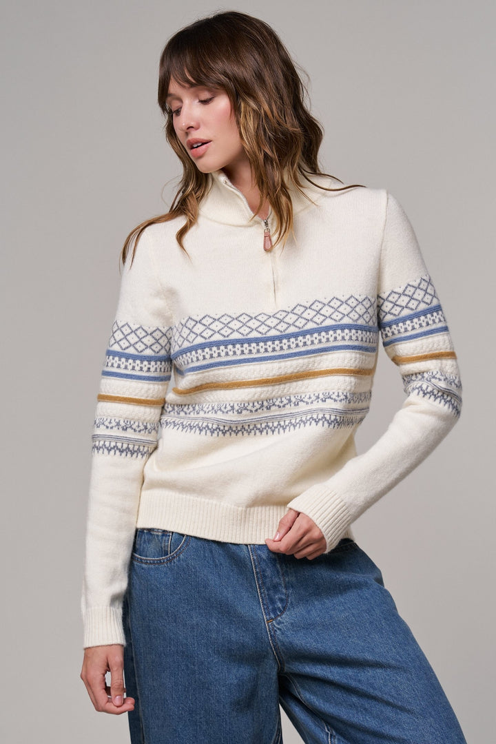 Fair Isle Quarter Zip Sweater Wool Blend with Leather Pull T in IVORY - Women's Wholesale Cardigans & Shrugs | Trend Notes