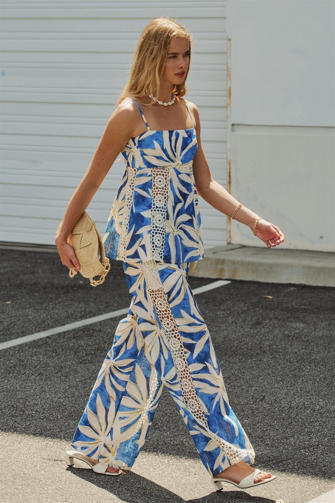 Print Capri Breeze Cami & Wide-Leg Pant Set in BLUE IVORY - Women's Wholesale Sets | Trend Notes