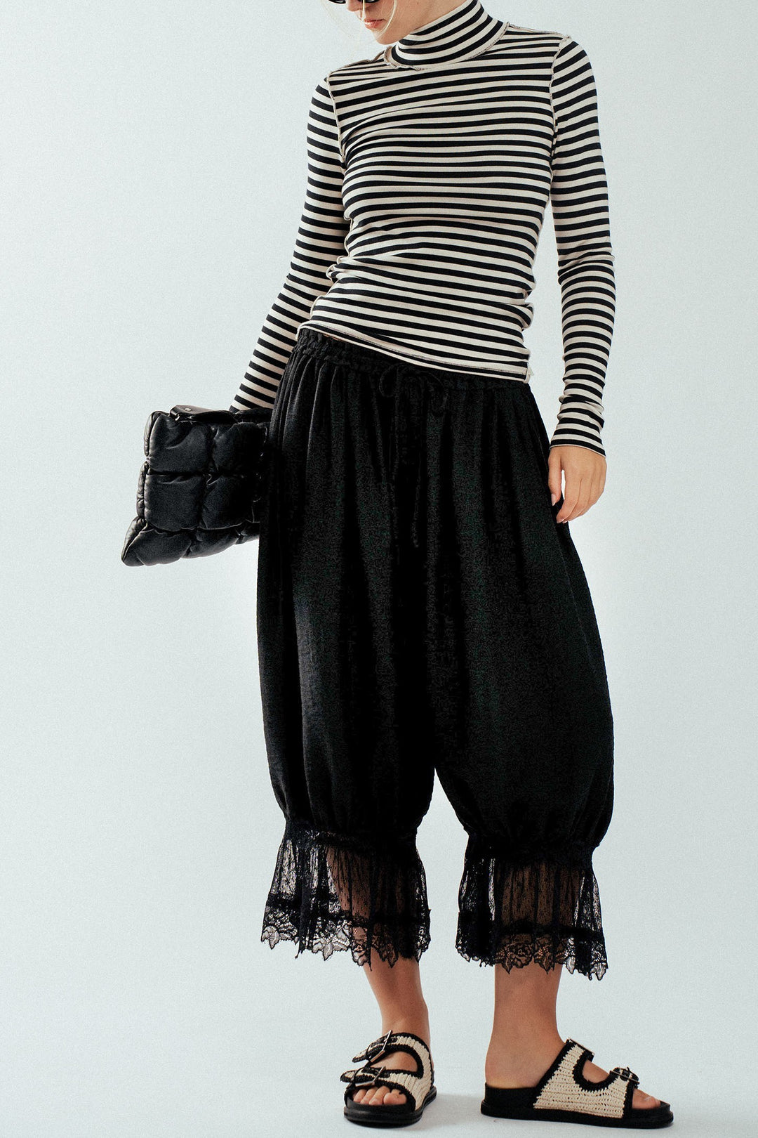 Boho Lace Trim Boomer Pants in BLACK - Women's Wholesale Casual Pants | Trend Notes
